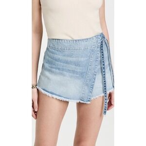 We The Free Free People Emmy Light Wash Denim Wrap Skort Frayed Hem Size 4